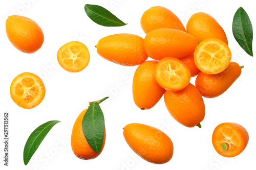 Cumquat or kumquat with leaves isolated on white background. top view photo