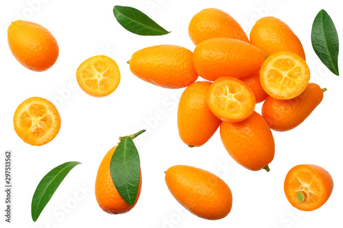 Cumquat or kumquat with leaves isolated on white background. top view