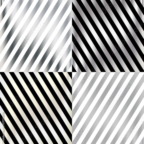 Set of 4 silver stripped ornaments. Stylish backgrounds for card, banner, poster, wrapping paper, packaging. Square editable vector illustration