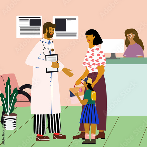 Doctor and patient medical concept. Doctor consulting a woman with a child near the clinic reception at the hospital. Trendy colorful vector illustration in flat cartoon style.
