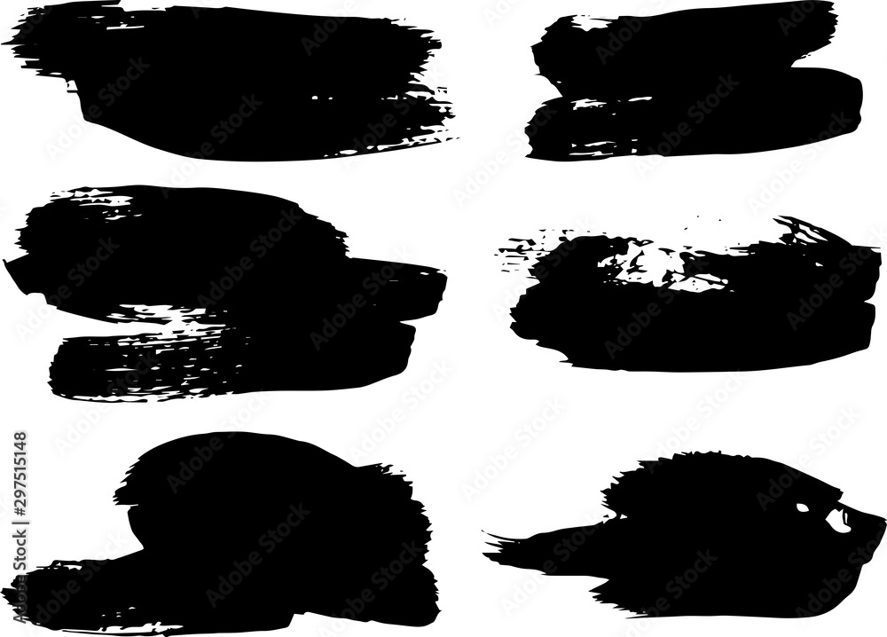 Black brush strokes set backgrounds. Artistic lines grunge collection. Set of black grungy hand painted brush strokes isolated on white. Abstract ink texture, design elements.