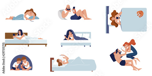 A collection of cute people lying on the bed talking on the phone. Lots of men and women chatting on social networks. Colorful flat cartoon style isolated vector illustration.