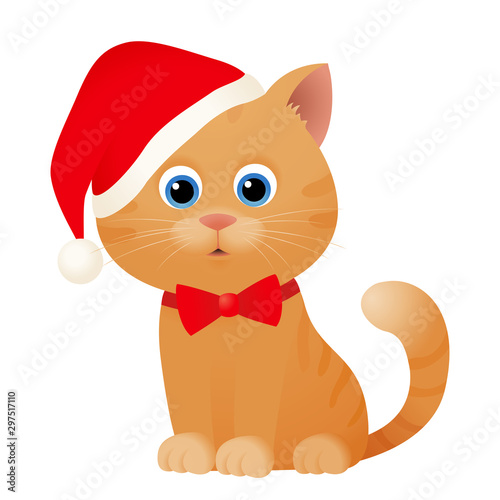 Cute christmas cat character in santa hat vector illustration isolated on white