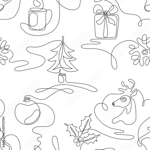 One Line Drawing Christmas Seamless Pattern With Fir Gift Box Reindeer Berries Cup Of Hot Beverage Stocking Ball Decoration Snowflake Continuous Line Art Minimalist Winter Background Vector Stock Vector Adobe Stock