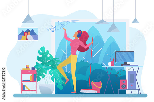Room cleaning with music flat vector illustration. Young woman, housewife in headphones dancing with broom cartoon character. Girl listening music and doing housework. Fun chores, housekeeping