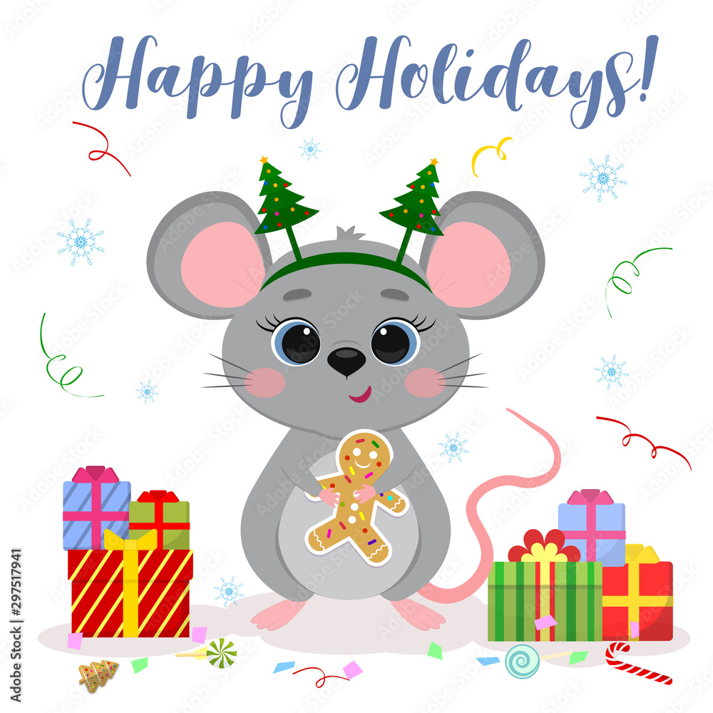 Naklejka premium Happy New Year and Merry Christmas. Cute mouse, a rat with blue eyes in a rim with Christmas trees holds a ginger man's cookie. Year of the Rat 2020. Cartoon, flat style, vector