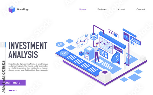 Investment analysis landing page vector template. Business analytics, stock market trading website homepage UI layout with isometric illustration. Financial advisor service web banner 3D concept