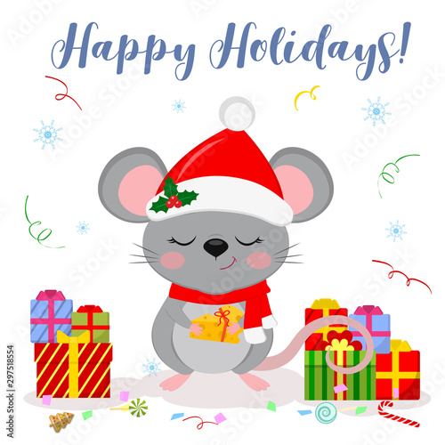 Happy New Year and Merry Christmas. Cute mouse  rat with eyes closed in a hat and a Santa scarf  holds a piece of cheese with a ribbon. Year of the Rat 2020. Cartoon  flat style  vector