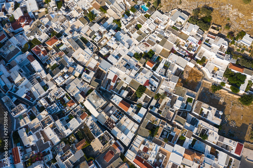 Aerial view of old Lindos town with its traditional white washed houses, in Rhodes island, Greece