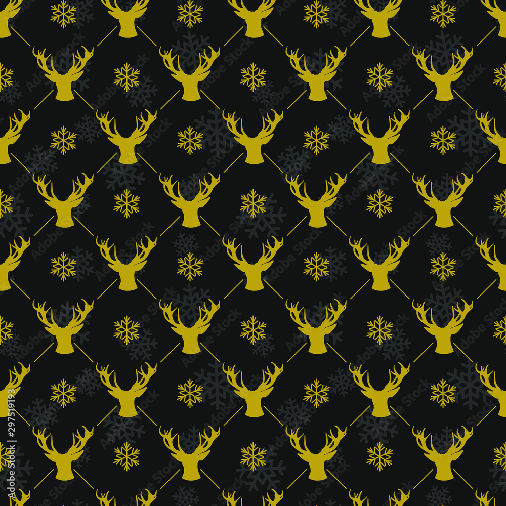 Vector seamless Christmas pattern with golden silhouettes of deers on black background; christmas design for greeting card, gift box, wallpaper, fabric, textile, web design. Vector seamless Christmas pattern with golden silhouettes of deers on black background; christmas design for greeting card, gift box, wallpaper, fabric, textile, web design.