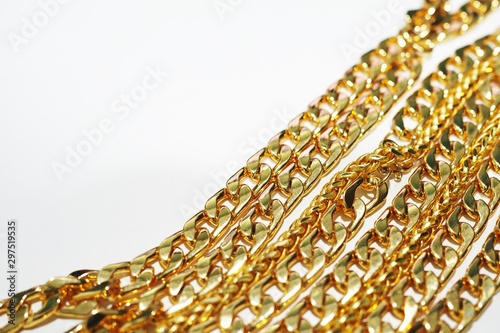 group of gold necklace isolated on white background