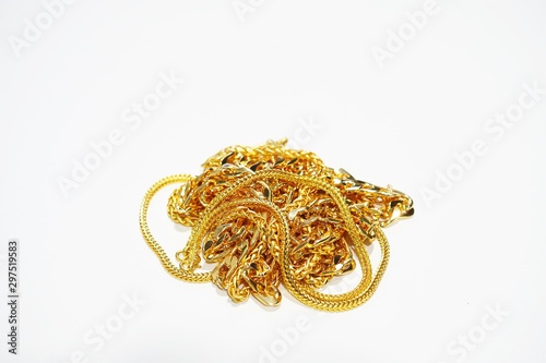 group of gold necklace isolated on white background