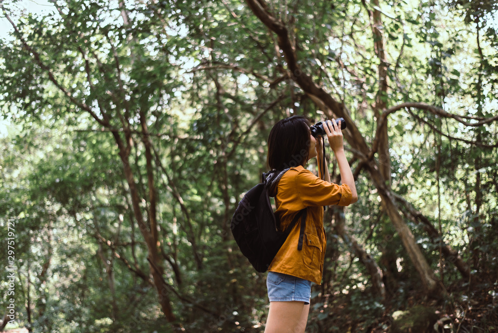 Traveller young asian women using binoculars in forest,Enjoying with bird watching Traveller young asian women using binoculars in forest,Enjoying with bird watching