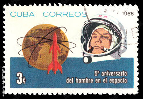 A postage stamp printed in Cuba dedicated to the five-year date of the world's first manned space flight - Soviet cosmonaut Yuri Gagarin.