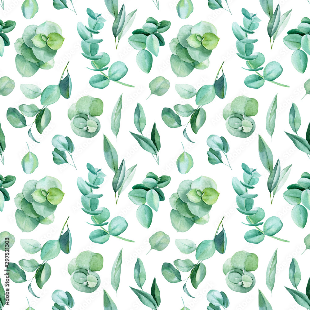 beautiful watercolor illustration, green leaves of eucalyptus, seamless pattern beautiful watercolor illustration, green leaves of eucalyptus, seamless pattern