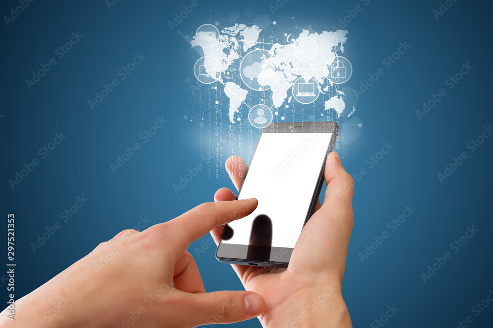 man hand phone on world map