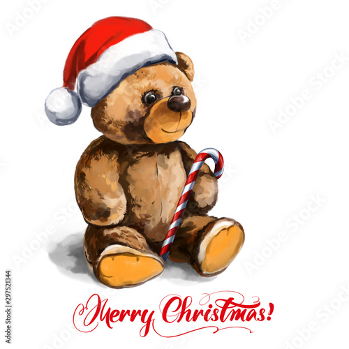 christmas toy teddy bear in Santa hat. festive Christmas character, art illustration painted with watercolors isolated on white background © vladischern