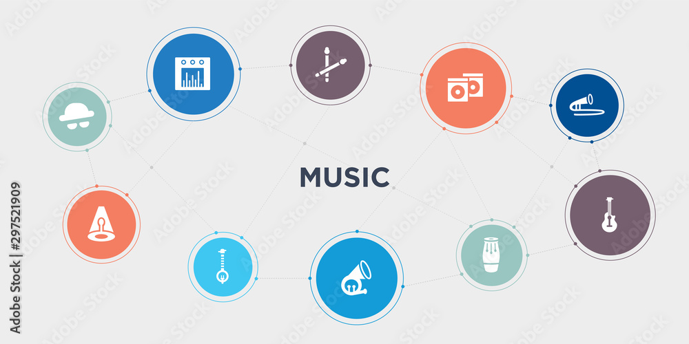 music 10 points circle design. s, music spotlight, banjo, french horn round concept icons.. music 10 points circle design. s, music spotlight, banjo, french horn round concept icons..