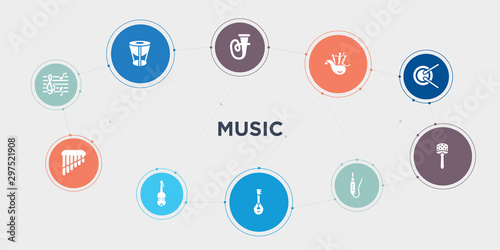 music 10 points circle design. clef, panpipe, cello, mandolin round concept icons..