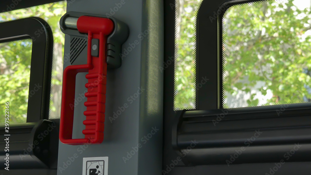 Safety Hammer Mounting in Bus used for breaking the window in case of accident. emergency hammer. 