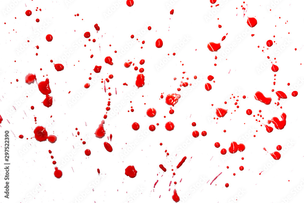 closeup drops of red blood isolated on white background,abstract pattern