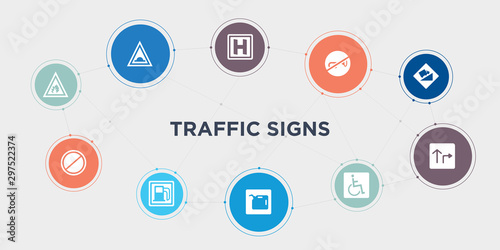 traffic signs 10 points circle design. fire, forbidden, gas station, gasoline round concept icons..