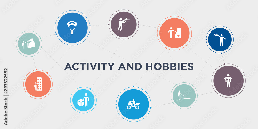 activity and hobbies 10 points circle design. mineral collecting, model building, modeling, motorcycle riding round concept icons.. activity and hobbies 10 points circle design. mineral collecting, model building, modeling, motorcycle riding round concept icons..