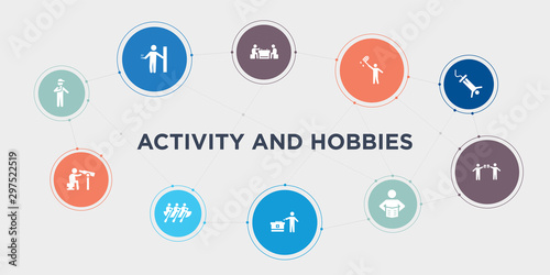 activity and hobbies 10 points circle design. beatboxing, bird watching, boat race, boggle round concept icons..