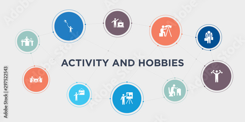 activity and hobbies 10 points circle design. dish washing, dominoes, drawing, easel round concept icons..