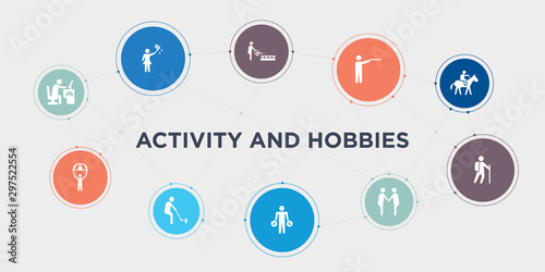 activity and hobbies 10 points circle design. game playing, gliding parachutist, golf playing, greedy round concept icons..