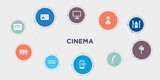 cinema 10 points circle design. movie player, movie theater, negative film, online movie round concept icons..