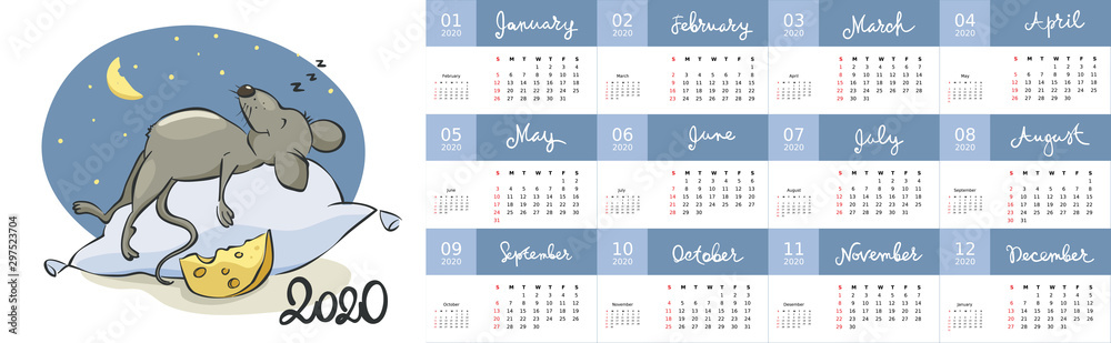 Obraz premium Calendar 2020 / Vector illustration to the year of the rat, template 