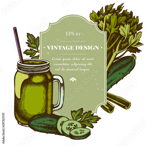 Badge design with colored greenery, smothie jars, cucumber, celery
