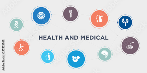 health and medical 10 points circle design. tablets, tonometer, transfusion, urine round concept icons..