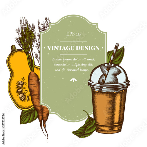 Badge design with colored carrot, basil, pumpkin, smoothie cup