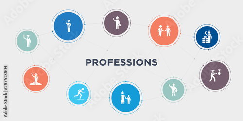 professions 10 points circle design. actor, archeologist, athlete, baby sitter round concept icons..