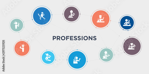 professions 10 points circle design. callcenter, captain, carpenter, cashier round concept icons..