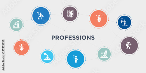 professions 10 points circle design. florist, graduated, graphic de, guide round concept icons..