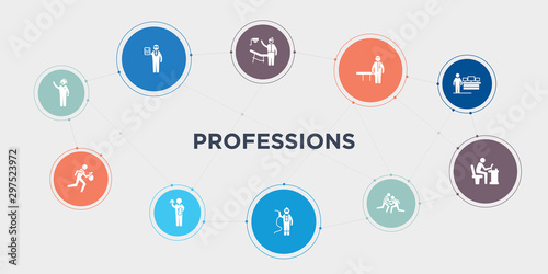 professions 10 points circle design. telemarketer, thief, waiter, welder round concept icons..