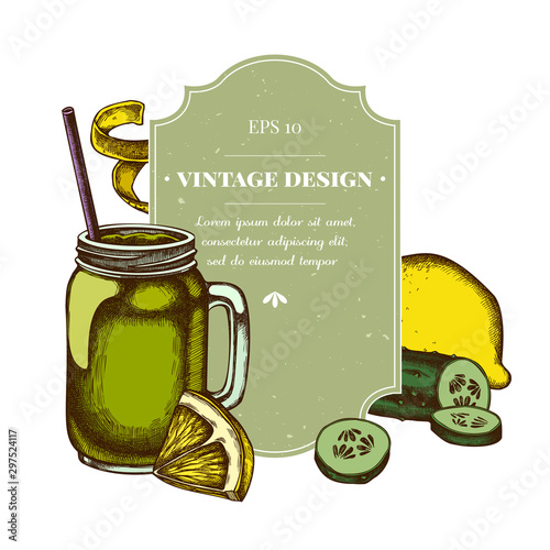 Badge design with colored lemons, smothie jars, cucumber