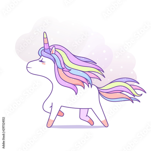 Kawaii magical unicorn running pastel color, happy cartoon vector