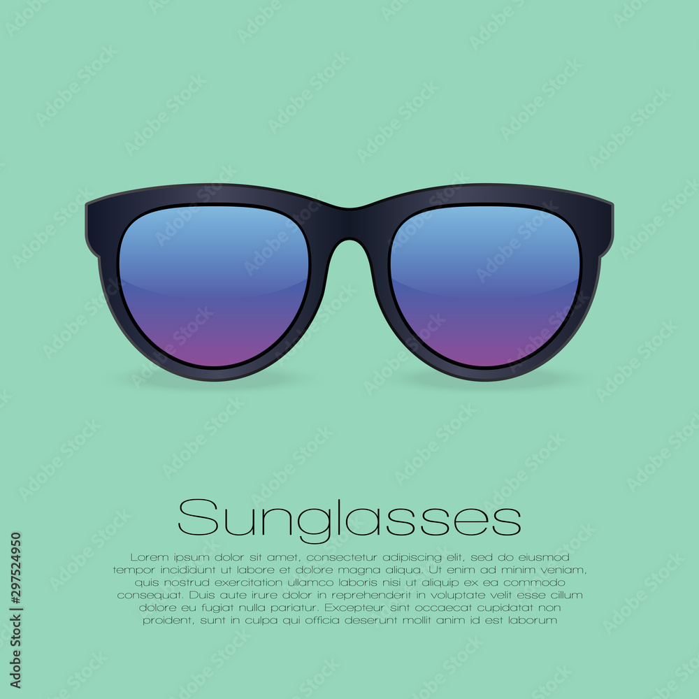 Black sunglasses with gradient mirror Lens. Vector isolated illustration  with text for banner