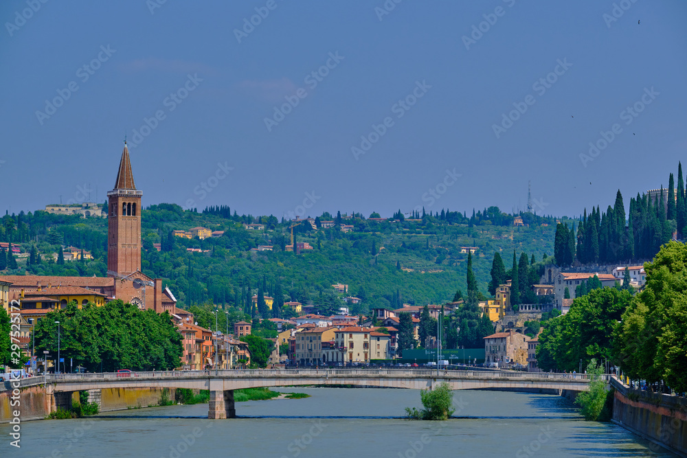 Bridge over the river against the background of the city of Verona, Italy