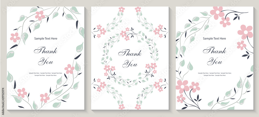 Flower vector card. Template. Thank you. Blank wedding invitation, greeting card, banner. Flowers, leafs, pink rose. Decorative frame. Set.