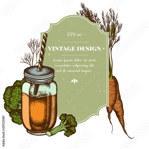 Badge design with colored broccoli, greenery, carrot, smothie jars