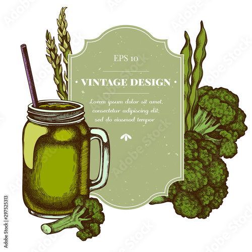 Badge design with colored broccoli, green beans, smothie jars