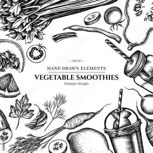 Floral design with black and white lemons, broccoli, radish, green beans, cherry tomatoes, beet, greenery, carrot, basil, pumpkin, smoothie cup, smothie jars, cucumber, celery