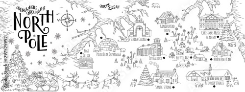 Fantasy map of the North Pole, showing the home and toy factory of Santa Claus, reindeer stables, elf village etc. - vintage Christmas greeting card template