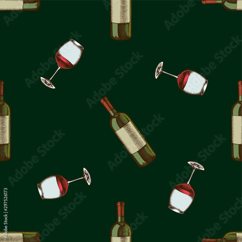 Seamless pattern with hand drawn colored bottle of wine, glass of wine