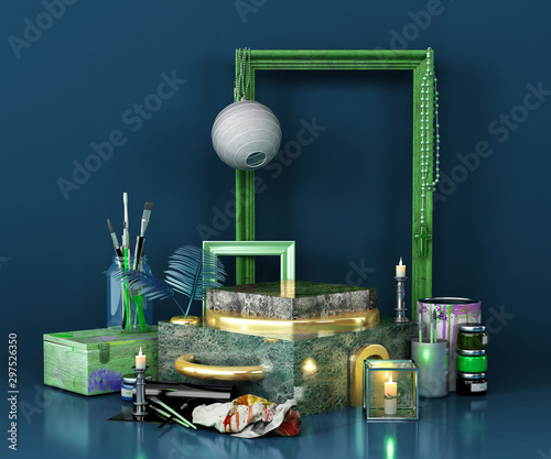 green marble podium for product presentation creative art style 3d remder image photo